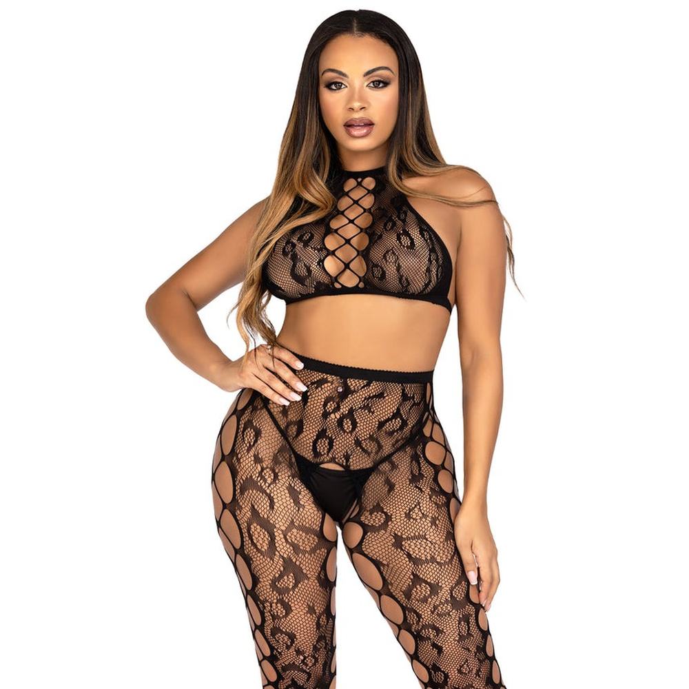 Leg Avenue - Crop Top and Crotchless Tights Lingerie set - Black